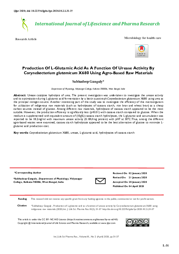 (PDF) Production Of L-Glutamic Acid As A Function Of Urease Activity By ...