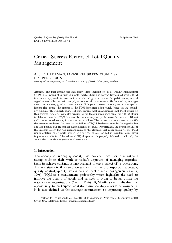 (PDF) Critical Success Factors of Total Quality Management