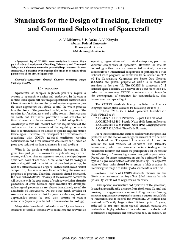 (PDF) Standards for the design of tracking, telemetry and command ...