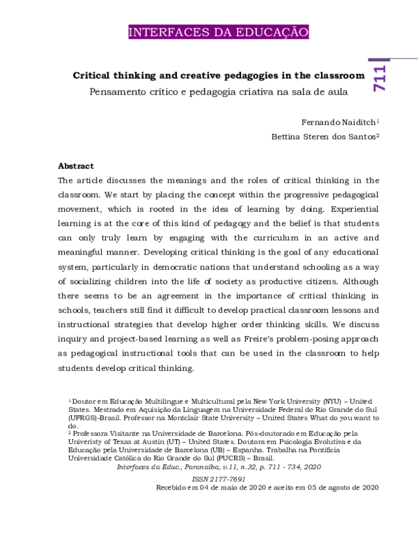 (PDF) Critical Thinking and Creative Pedagogies in the Classroom