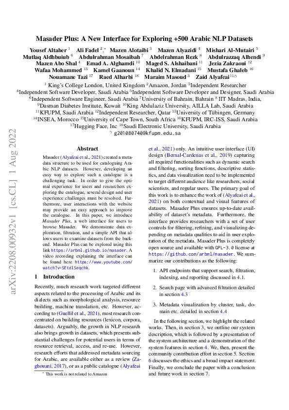 (PDF) Masader Plus: A New Interface for Exploring +500 Arabic NLP Datasets