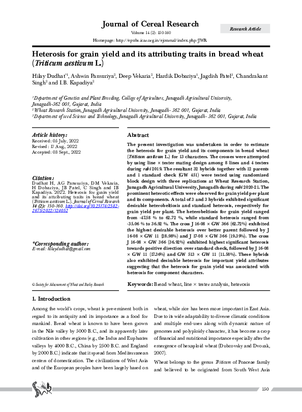 (PDF) Heterosis for grain yield and its attributing traits in bread ...