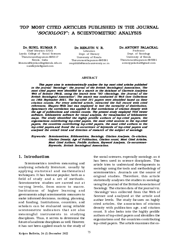 (PDF) TOP MOST CITED ARTICLES PUBLISHED IN THE JOURNAL 'SOCIOLOGY ': A ...