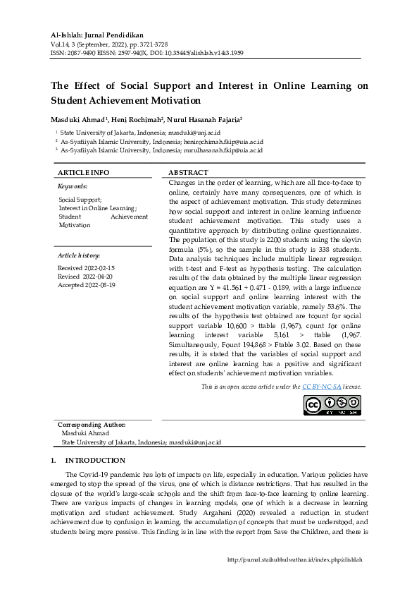 (PDF) The Effect of Social Support and Interest in Online Learning on ...