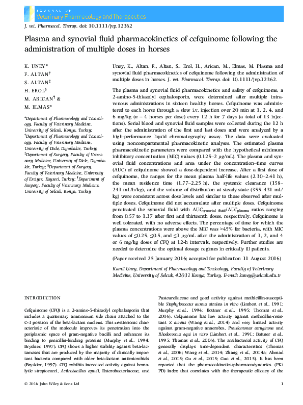 (PDF) Plasma and synovial fluid pharmacokinetics of cefquinome ...