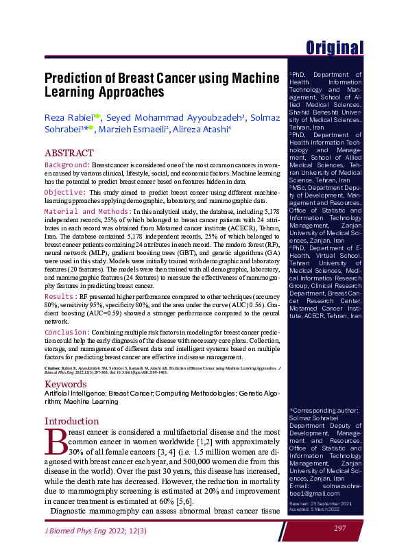(PDF) Prediction of Breast Cancer using Machine Learning Approaches