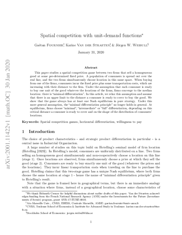 (PDF) Spatial competition with unit-demand functions | Jörgen Weibull ...