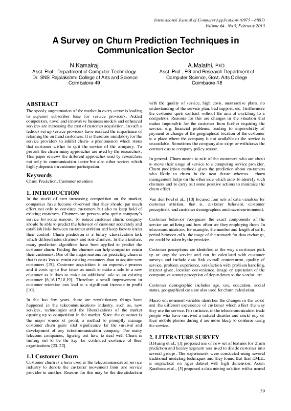 (PDF) A Survey on Churn Prediction Techniques in Communication Sector