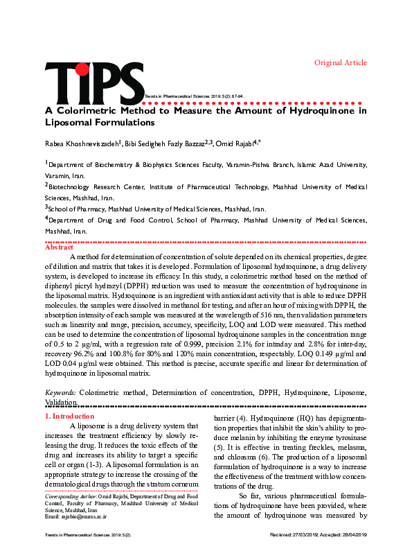 (PDF) A Colorimetric Method to Measure the Amount of Hydroquinone in ...