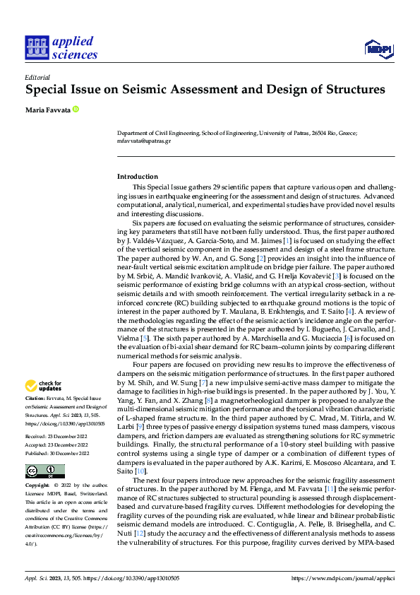 (PDF) Special Issue on Seismic Assessment and Design of Structures