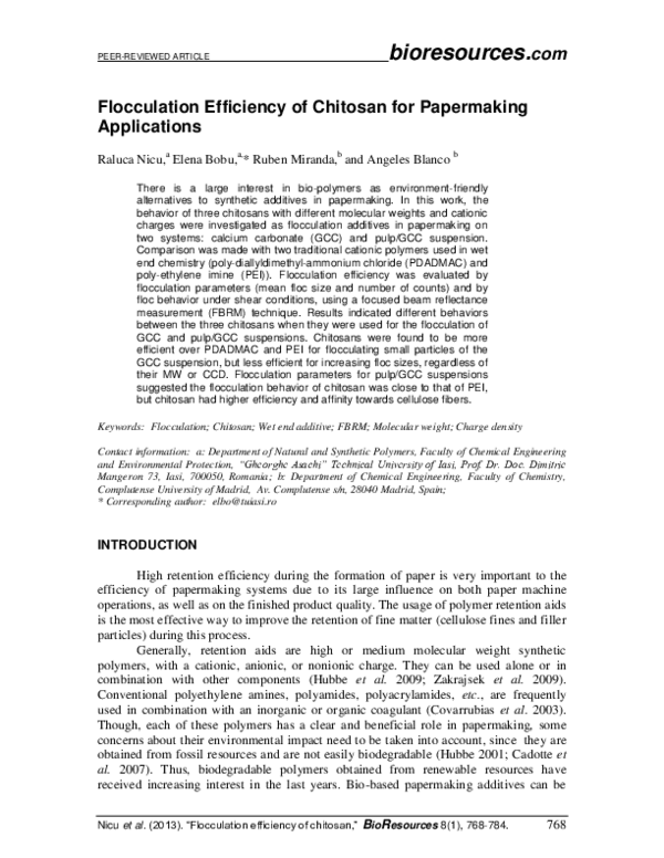 (PDF) Flocculation efficiency of chitosans for papermaking applications