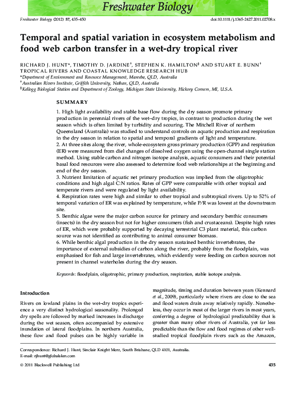 (PDF) Temporal and spatial variation in ecosystem metabolism and food ...