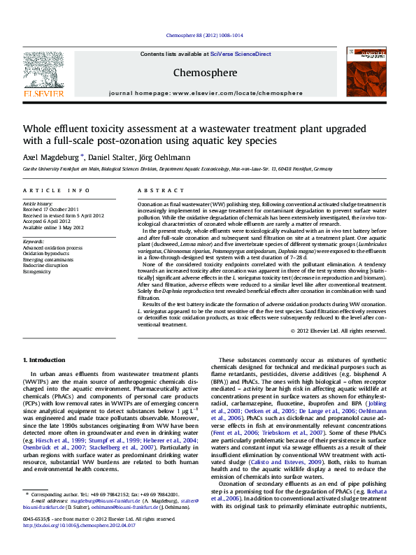 (PDF) Whole effluent toxicity assessment at a wastewater treatment ...