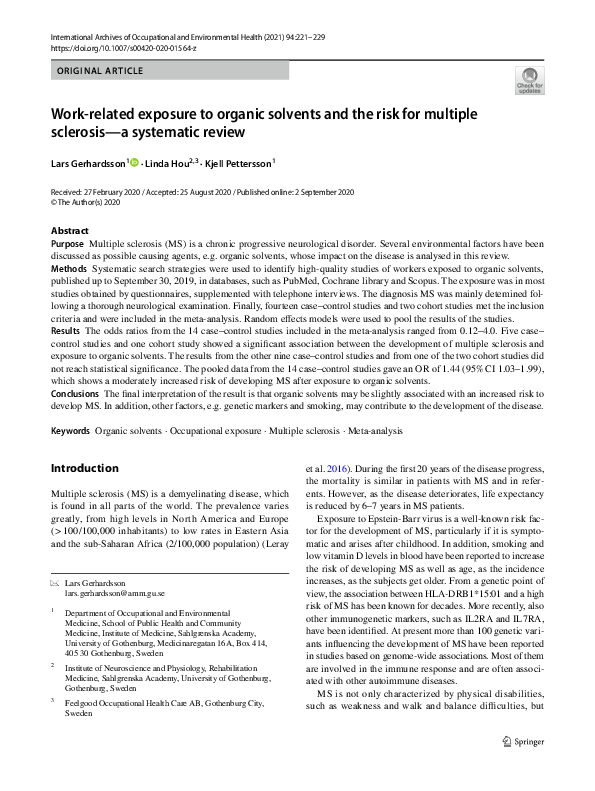 (PDF) Work-related exposure to organic solvents and the risk for ...