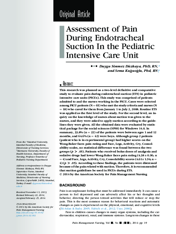 (PDF) Assessment of pain during endotracheal suction in the pediatric ...