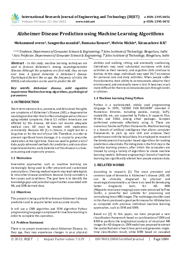 (PDF) Alzheimer Disease Prediction using Machine Learning Algorithms