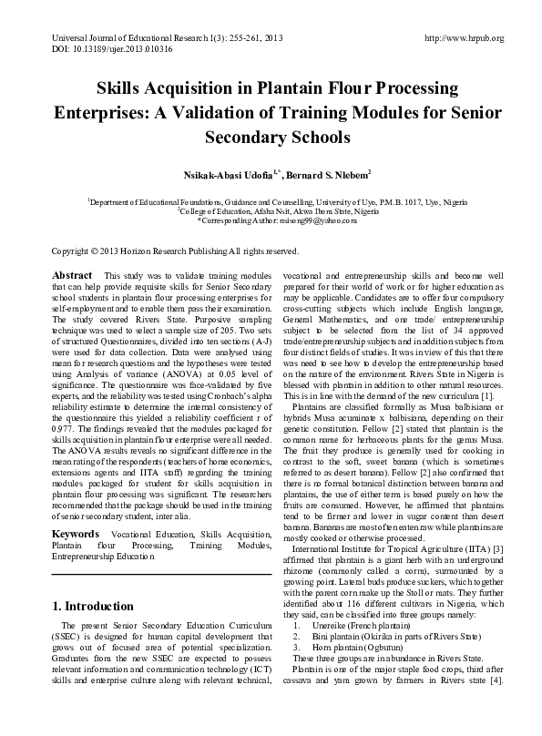 (PDF) Skills Acquisition in Plantain Flour Processing Enterprises: A ...