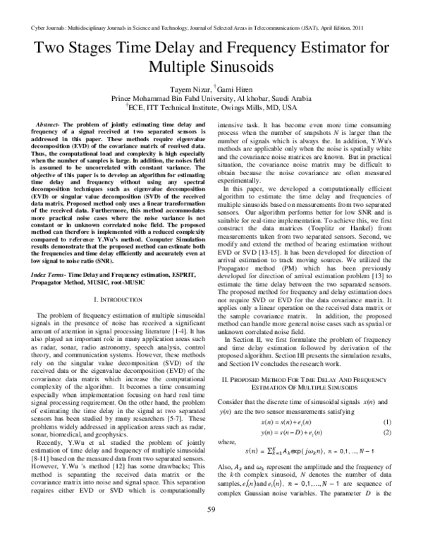 (PDF) Two Stages Time Delay and Frequency Estimator for Multiple Sinusoids