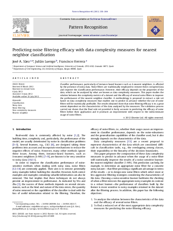(PDF) Predicting noise filtering efficacy with data complexity measures ...