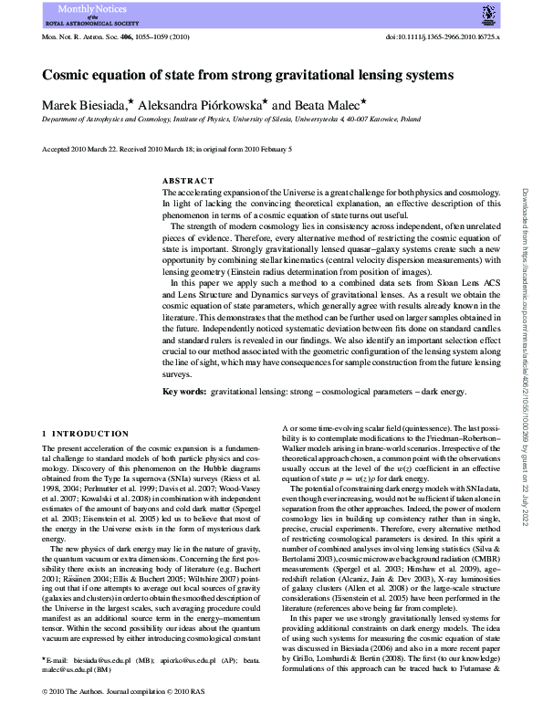 (PDF) Cosmic equation of state from strong gravitational lensing systems