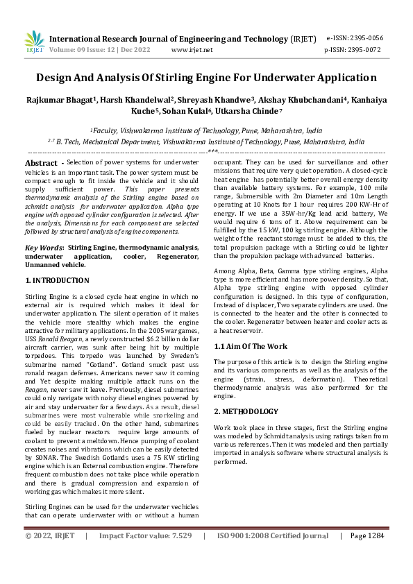(PDF) Design And Analysis Of Stirling Engine For Underwater Application