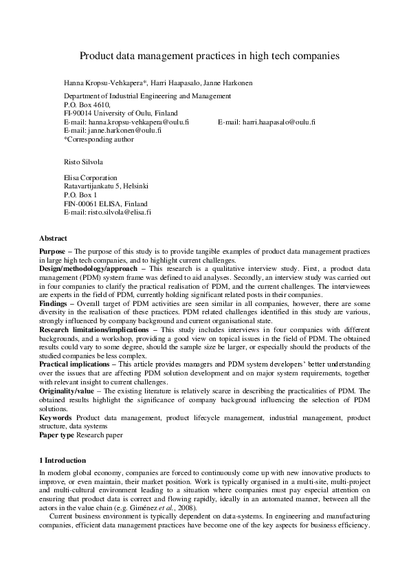 (PDF) Product data management practices in high‐tech companies
