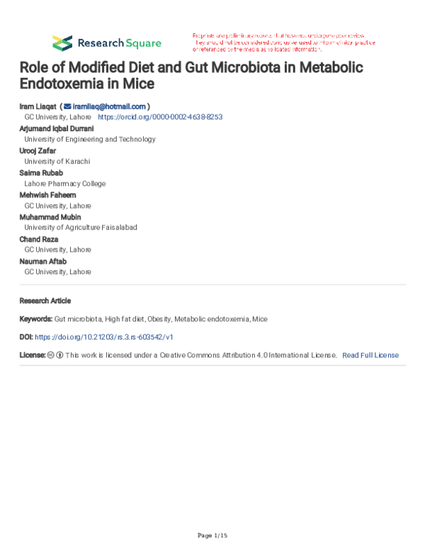 (PDF) Role of modified diet and gut microbiota in metabolic endotoxemia ...