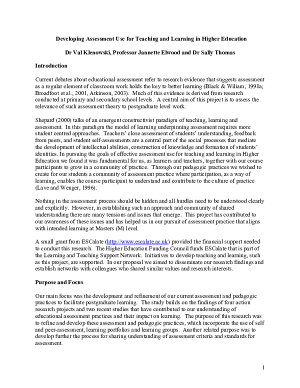 (DOC) Developing assessment use for teaching and learning in higher ...