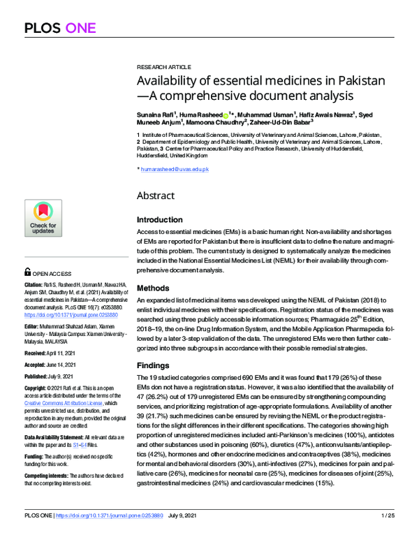 (PDF) Availability of essential medicines in Pakistan—A comprehensive ...