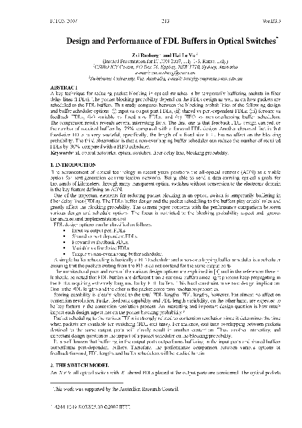 (PDF) Design and Performance of FDL Buffers in Optical Switches