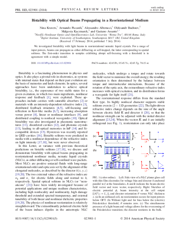 (PDF) Bistability with optical beams propagating in a reorientational ...
