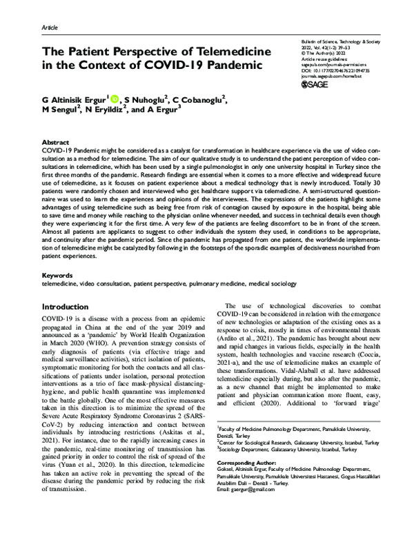 (PDF) The Patient Perspective of Telemedicine in the Context of COVID ...