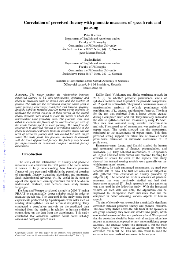 (PDF) Correlation of Perceived Fluency with Phonetic Measures of Speech ...