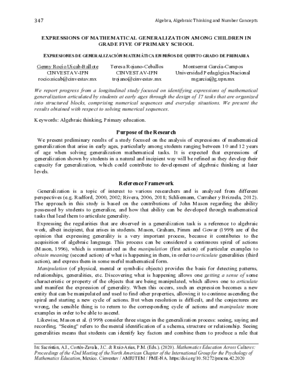 Expressions of mathematical generalization among children in grade five of primary school / Expresiones de generalización matemática en niños de quinto grado de primaria