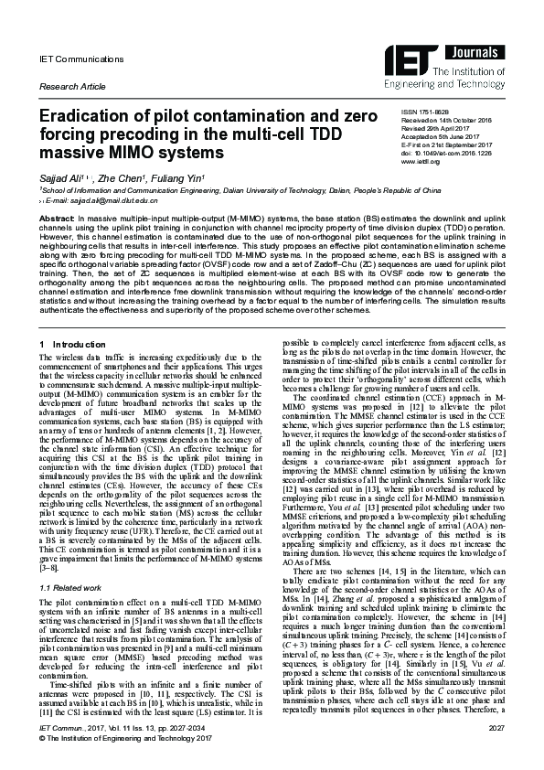 Pdf Eradication Of Pilot Contamination And Zero Forcing Precoding In