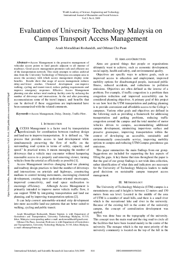 (PDF) Evaluation Of University Technology Malaysia On Campus Transport ...