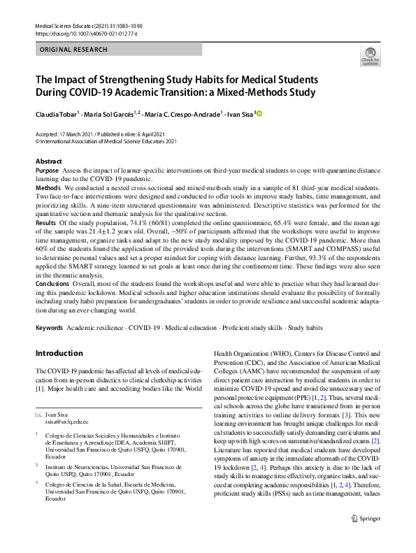 (PDF) The Impact of Strengthening Study Habits for Medical Students ...