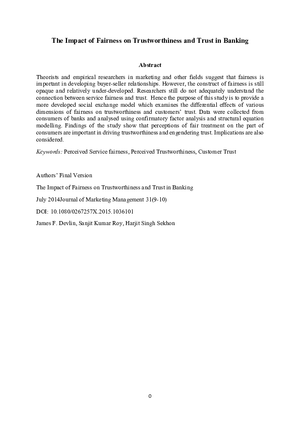 (PDF) The impact of fairness on trustworthiness and trust in banking
