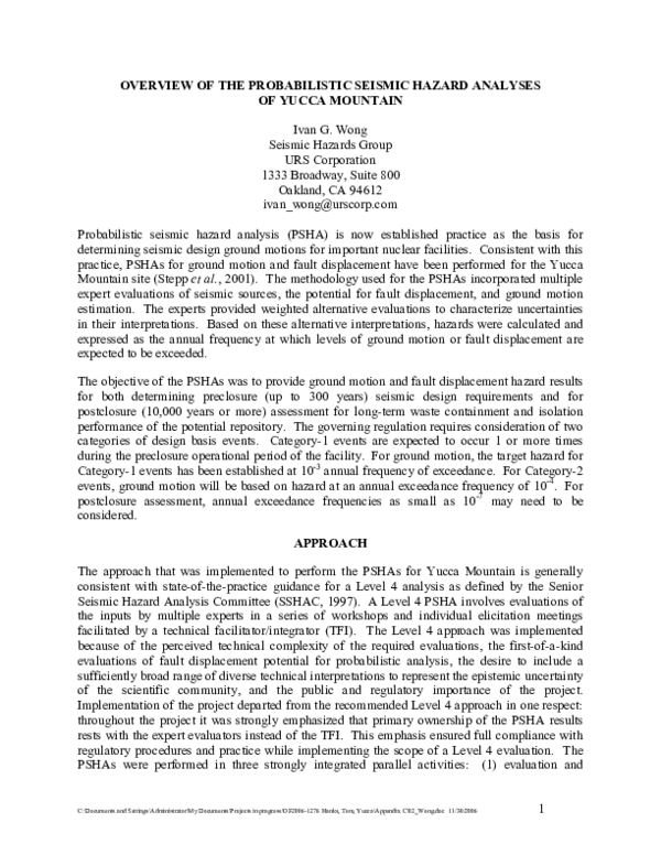 (PDF) Overview of the Probabilistic Seismic Hazard Analyses