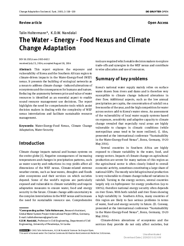 (PDF) The Water – Energy – Food Nexus and Climate Change Adaptation