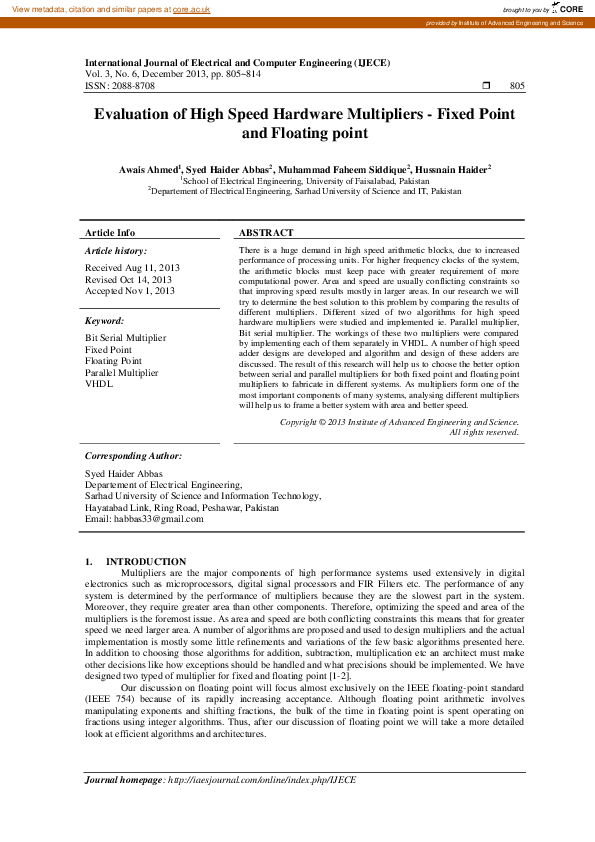 (PDF) Evaluation of High Speed Hardware Multipliers - Fixed Point and ...
