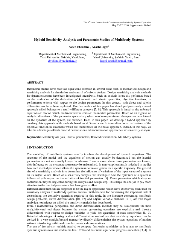 (PDF) Hybrid Sensitivity Analysis and Parametric Studies of Multibody ...