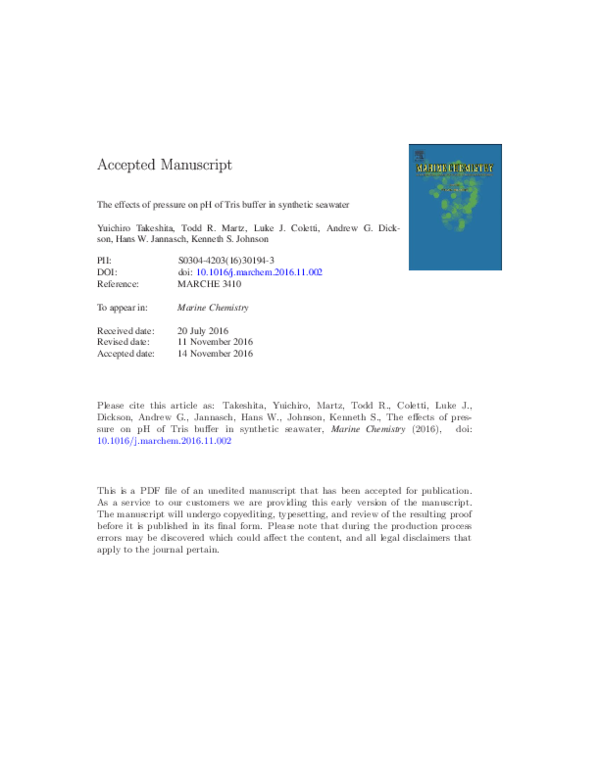 (PDF) The effects of pressure on pH of Tris buffer in synthetic seawater