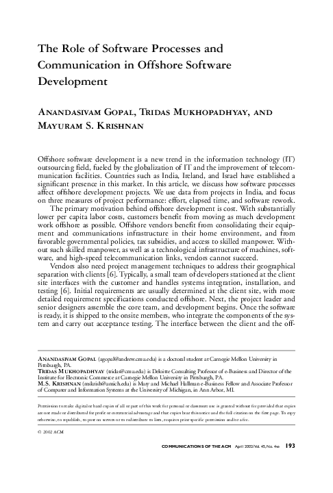 (PDF) The role of software processes and communication in offshore ...