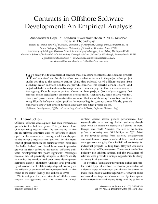 (PDF) Contracts in Offshore Software Development: An Empirical Analysis