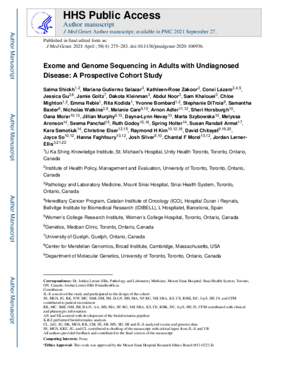 (PDF) Exome and genome sequencing in adults with undiagnosed disease: a ...