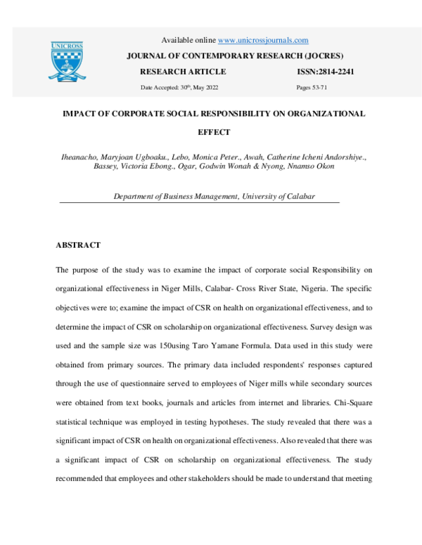 (PDF) IMPACT OF CORPORATE SOCIAL RESPONSIBILITY ON ORGANIZATIONAL EFFECT