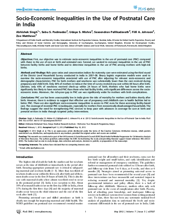 (PDF) Socio-Economic Inequalities in the Use of Postnatal Care in India