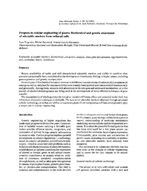 (PDF) Progress in cellular engineering of plants: biochemical and ...
