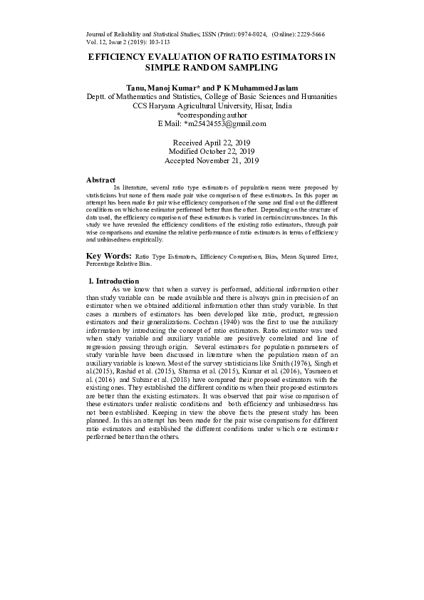 (PDF) Efficiency Evaluation of Ratio Estimators in Simple Random Sampling